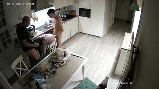 Threesome Gang-bang on the Kitchen - Voyeur Camera