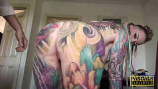 Fully tattooed subslut Piggy Mouth slammed by rough dom